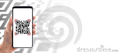 Hand using mobile smart phone scan Qr code on banner background Stock Photo