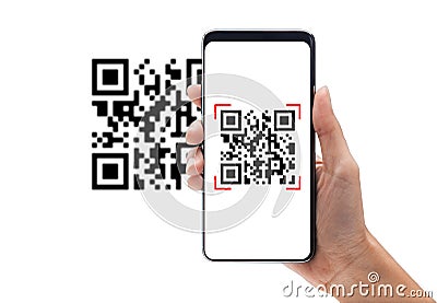 Hand using mobile smart phone scan Qr code. Barcode reader, Qr code payment, Cashless technology, Digital money concept. Stock Photo
