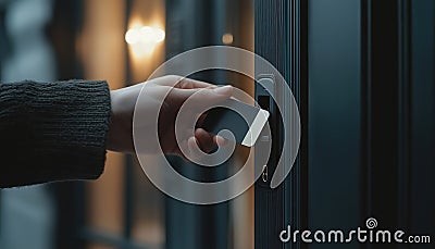 Hand Using Security Key Card To Scan And Access Private Building With Advanced Lock Technology For Stock Photo