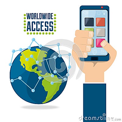Hand using smartphone connected internet around the world Vector Illustration