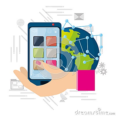 Hand using smartphone connected internet around the world Vector Illustration