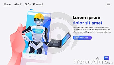 hand using smartphone with robot engineer in helmet using laptop modern robotic character artificial intelligence Vector Illustration