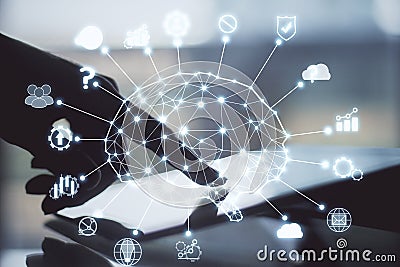 Hand using tablet with creative ai circuit brain and icons Stock Photo