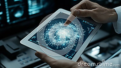 Hand Using Tablet Device to Explore Data Visualization Concepts Stock Photo