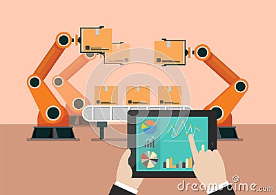 Hand using tablet to control automation robot arm machine Vector Illustration
