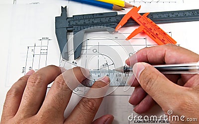 Hand using tools create a technical drawings Stock Photo