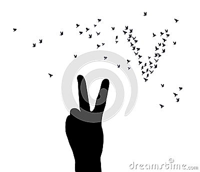 Hand victory symbol silhouette birds isolated on white Vector Illustration