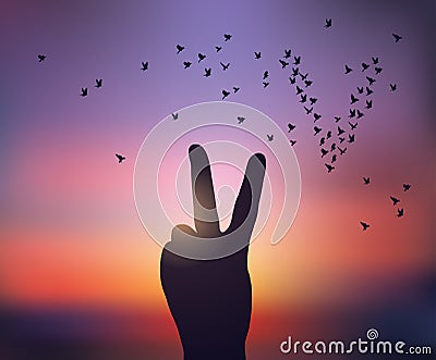 Hand victory symbol silhouette birds in sunset sky Vector Illustration
