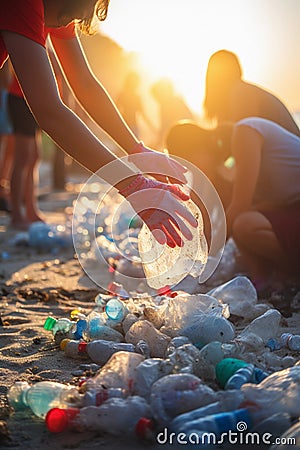 Hand of volunteers putting garbage on the beach Stock Photo