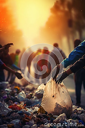 Hand of volunteers putting garbage on road, in the style of bokeh Stock Photo