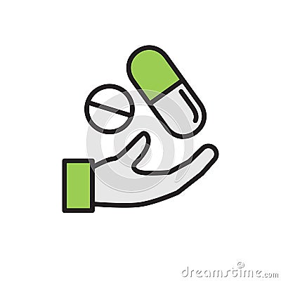 Hand with prescription drugs - pill tablets & capsules Vector Illustration