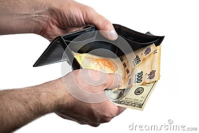 Hand with wallet showing dollar bill and Argentine peso bills Stock Photo