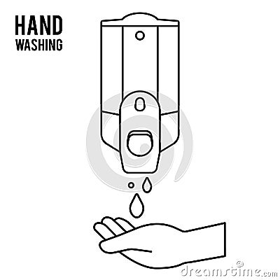 Hand wash. Hand sanitizer. Alcohol-based hand rub. Rubbing alcohol. Wall mounted soap dispenser. Wall hanging hand wash container. Vector Illustration