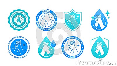 Hand wash icons. Cleansing gel logo. Alcohol drop for Covid shield. Dermatologically tested. Antiseptic or soap bottle Vector Illustration