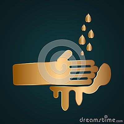 Hand wash with a water sign vector. Gold metal with dark background Vector Illustration