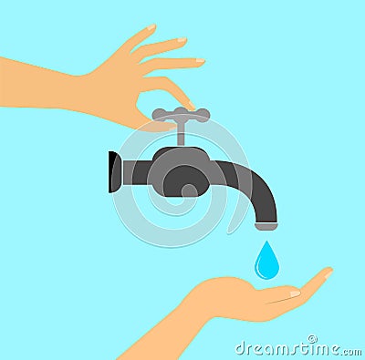 Hand washing concept. One hand opens the tap and the other under the tap Stock Photo