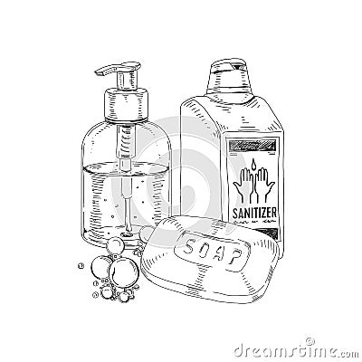 Hand washing and disinfection, covid-19 infection prevention, retro hand drawn vector illustration. Vector Illustration