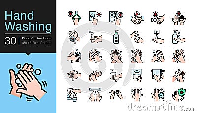 Hand washing icons. Hygiene care, antibacterial, protect from coronavirus covid-19. Filled outline design. For presentation, Vector Illustration