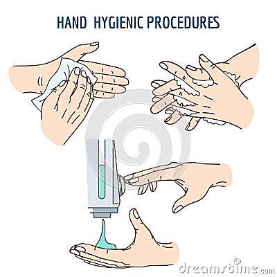 Hand washing, sanitizer disinfectant, cleaning hands using antibacterial wipes Vector Illustration