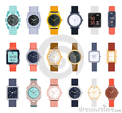 Hand watch with bracelet. Modern and classic accessory for men and women. Luxury mechanical and smart wrist watches Vector Illustration