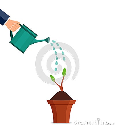 Hand watering can plant. Floral leaf sprout under watering watering can. Agriculture equipment or horticulture concept. Gardenman Vector Illustration