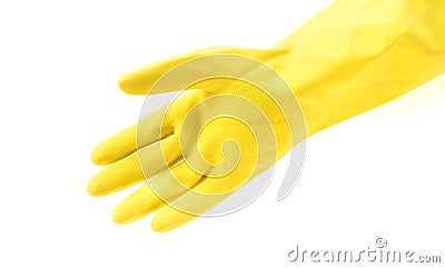 Hand wearing yellow rubber gloves for cleaning on white background, workhouse concept Stock Photo