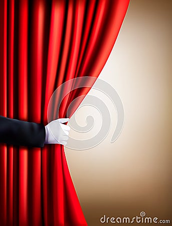 Hand in a white glove pulling curtain away. Theater. Vector Illustration