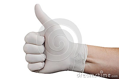 Hand in white medical glove showing approval thumbs up sign isolated on white background Stock Photo