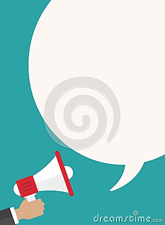 hand with white megaphone and big spech bubble on blue background Cartoon Illustration