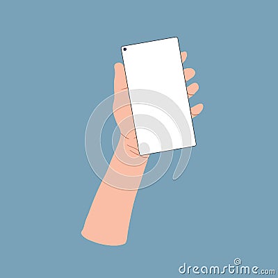 Hand wich holding smartphone with blank screen. Vector cartoons flat design. Vector Illustration