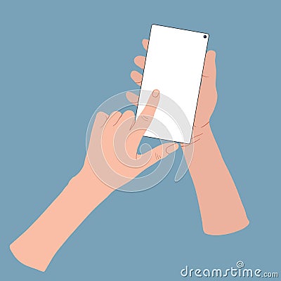 Hand wich holding and touching a smartphone with blank screen. Vector cartoons flat design. Vector Illustration