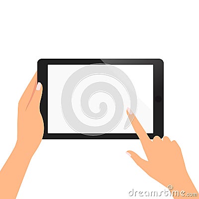 Hand of woman hold the tablet and pointing on the blank screen Vector Illustration