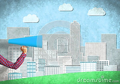 Hand of woman holding blue paper trumpet against illustrated background Stock Photo