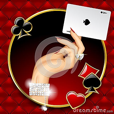 Hand of woman with jewelry holding Ace playing card in the round Vector Illustration