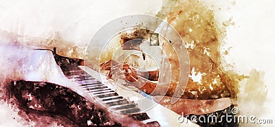Hand of woman playing keyboard of the piano foreground Watercolor painting background and Digital illustration brush to art. Cartoon Illustration