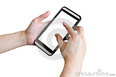 Hand woman using phone on isolated with clipping path. Stock Photo