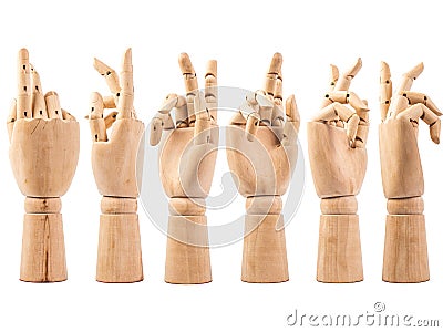 Hand of wood doll make fingers to touch on white bakground Stock Photo