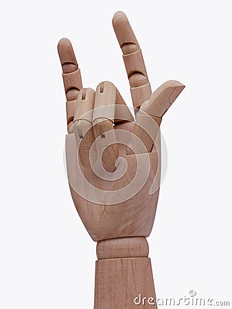 Hand wooden gesture rock music or horn isolated on white Stock Photo
