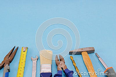 Hand work tools set on blue background Stock Photo
