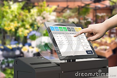 Hand working cashier machine Stock Photo