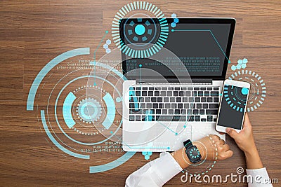 Hand working with Sci fi futuristic user interface Stock Photo