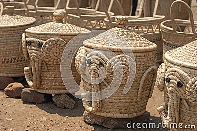 Hand woven baskets with an elephant design Stock Photo