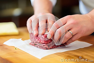 hand wrapping a burger in a deli paper Stock Photo