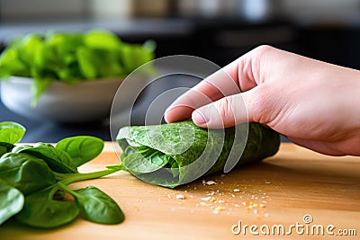 hand wrapping a burrito with a spinach flour tortilla Stock Photo