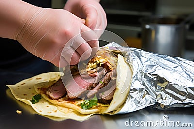 hand wrapping foil around a gyro for takeaway Stock Photo