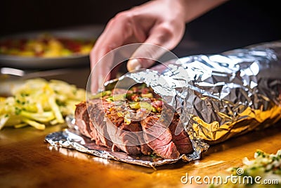 hand wrapping foil around takeaway beef taco Stock Photo