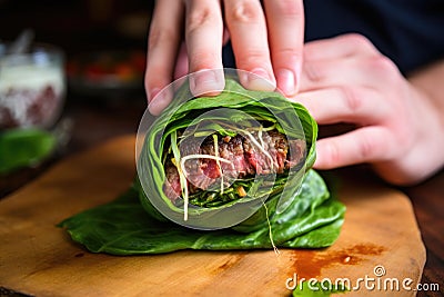 hand wrapping grilled burger in a lettuce leaf Stock Photo