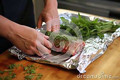 hand wrapping herb-marinated ribs in foil Stock Photo