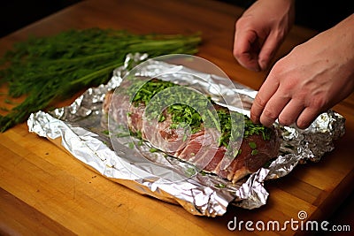 hand wrapping herb-marinated ribs in foil Stock Photo