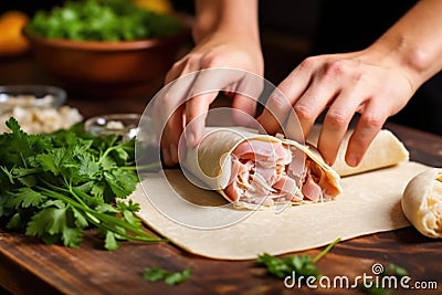 hand wrapping a rolled pita bread with chicken filling Stock Photo